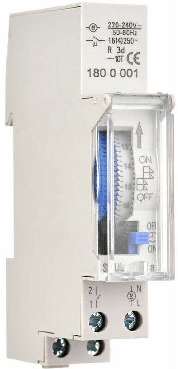 Mechanische timer van 24 uur – Programmeerbaar in stappen van 15-30 minuten – DIN-railmontage – AC220-240V spanning – Ingebouwde 1,2V 40mAh NiMH-batterij