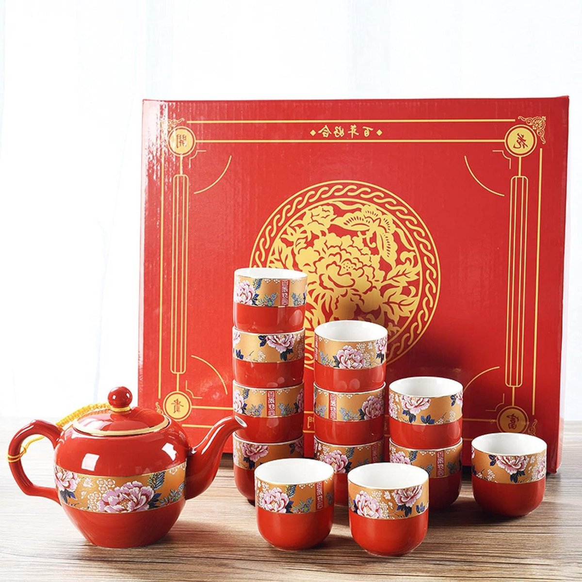 Theeservies Set - Porselein Servies - Afternoon Tea - Kung Fu Stijl - 12 Kopjes - Rood