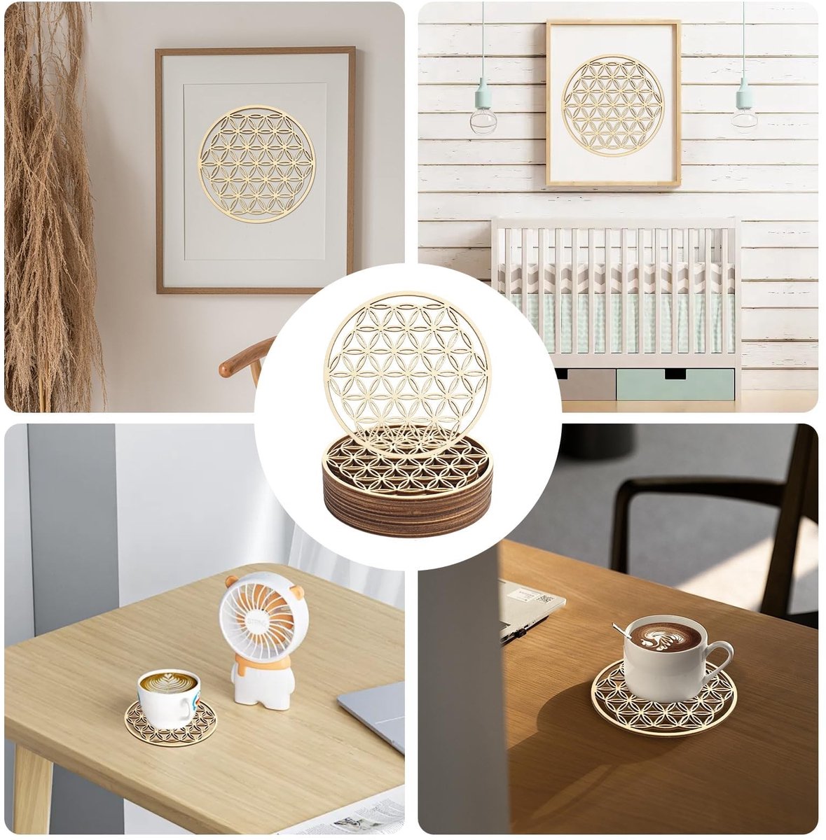Dailygoods - Set van 10 Houten Onderzetters met Bloem des Levens Motief