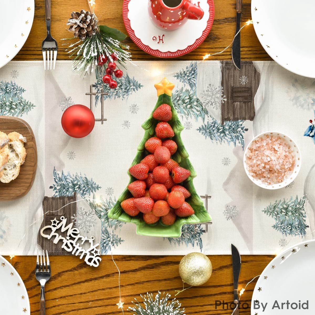 Dailygoods - Blauwe Tafelloper met Sneeuwpop voor Kerstmis