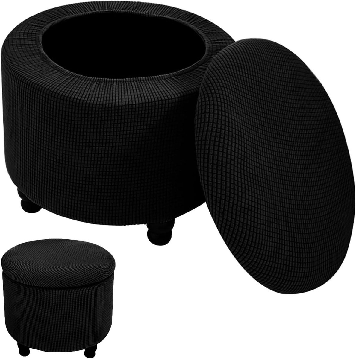 Ottomaanse Krukhoes - Voetenbank Slipcover - Meubels Beschermen - Hoge Elasticiteit - 45-65cm Diameter - Zwart