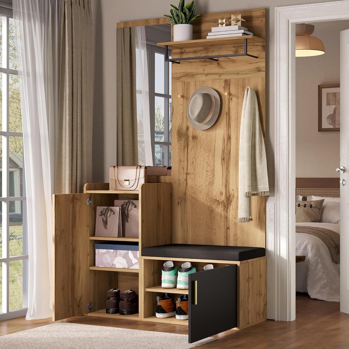 Garderobemeubelset - Halmeubel - Orde Scheppen - Met Spiegel - 100 cm Breed - Zwart Nature