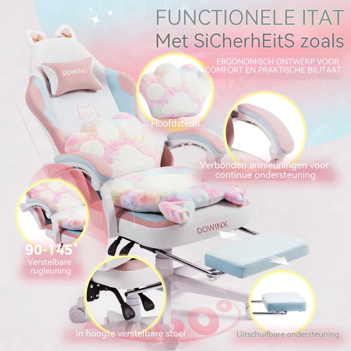 DowinxGaming Stoel Ergonomisch met Voetsteun – Vleugelloze Zit – Verstelbare Rugleuning – Zachte Stof – Multicolor-wit – Voor Gaming, Werk en Studie – Middelgroot – foto 2