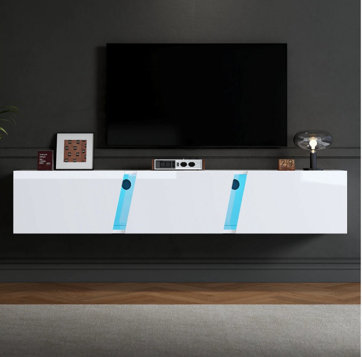 Zwevend TV-meubel 180 cm Wit Hoogglans met LED-verlichting – Wand TV Kast met App-bediening en 3 Deuren – Modern Design – Furnitureland