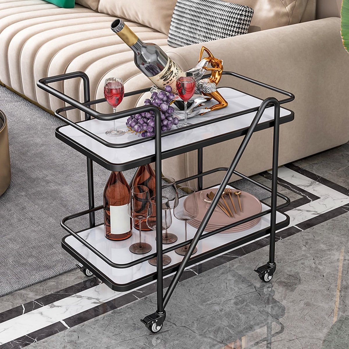 Serveertrolley Goud – Luxe Drankkar met 2 Planken, 360° Wielen en Ergonomisch Handvat – Multifunctionele Bar Cart / Wijnkar voor Keuken, Eetkamer en Horeca – Mobili Bella