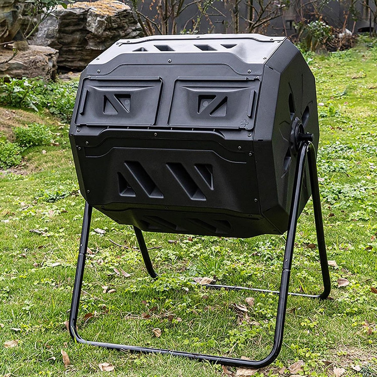 Compostbak Tuin - Composteerbak Roterend - Afval Verwerken - Dubbele Kamer - 180 Liter - Zwart
