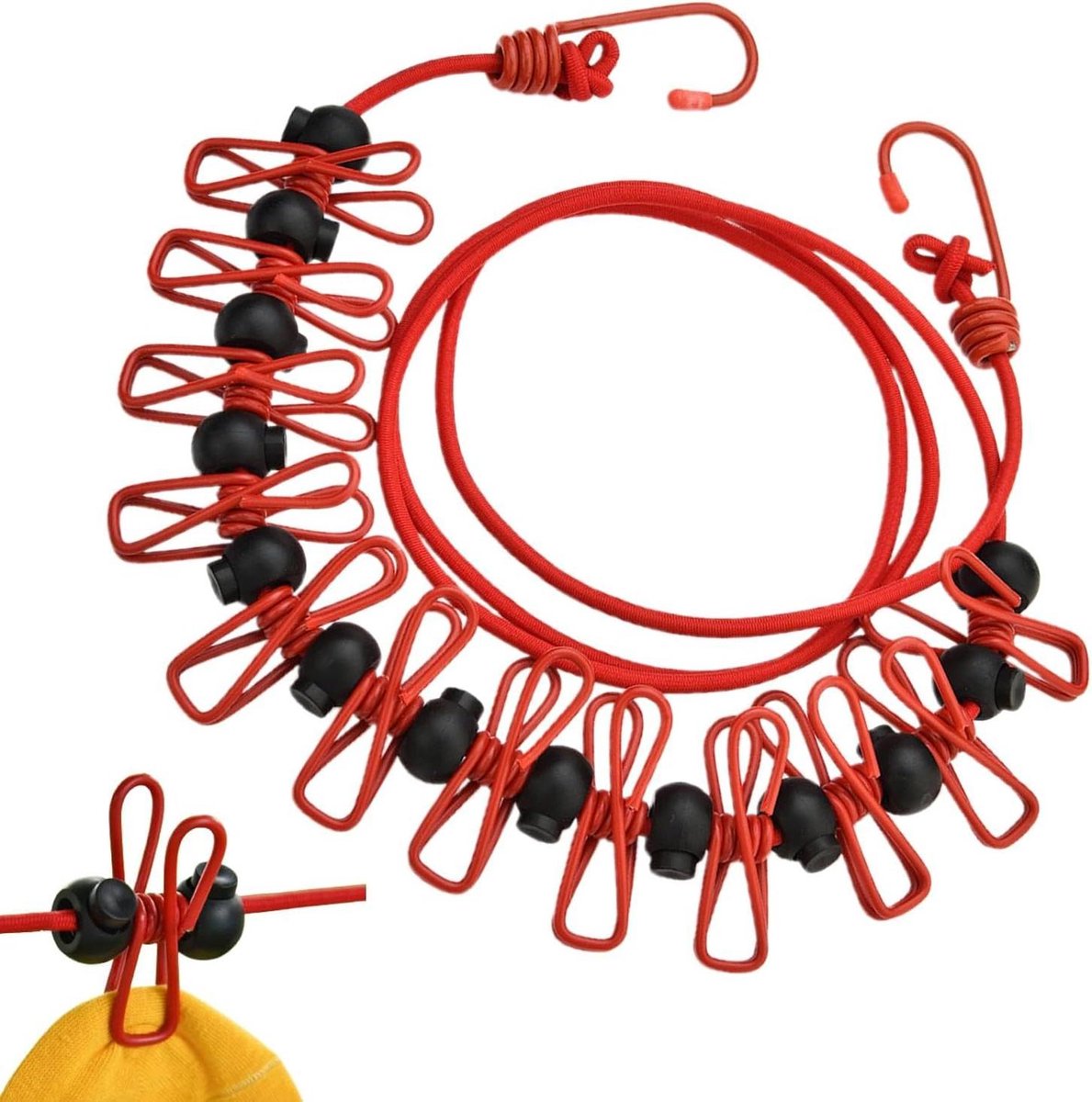 Waslijn met clips - Draadrek reizen - Kleding drogen - Winddicht ontwerp - 1.7 meter - Rood