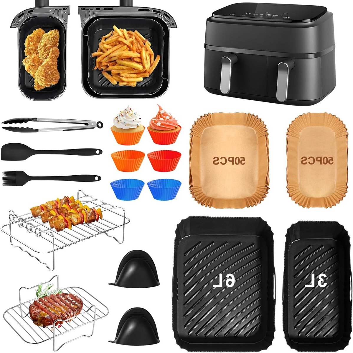 Airfryer accessoires set van 12 stuks voor 6L en 3L modellen - ideaal voor gezond koken en bakken