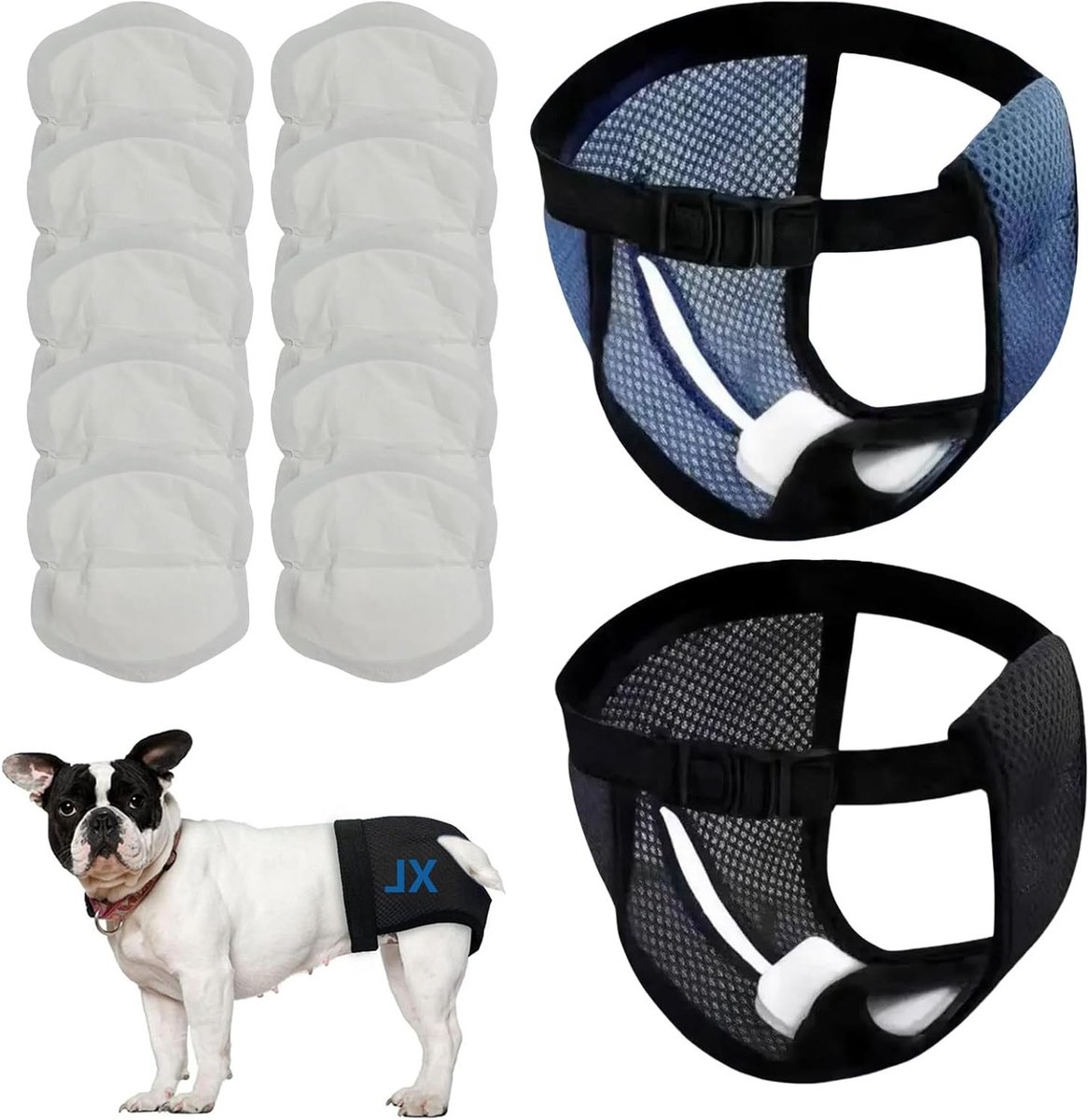 Herbruikbare hondenluiers set van 2, verstelbare veiligheidspants, wasbare dogdiapers in zwart en blauw, XL, inclusief 8 maandverbanden voor optimale hygiëne