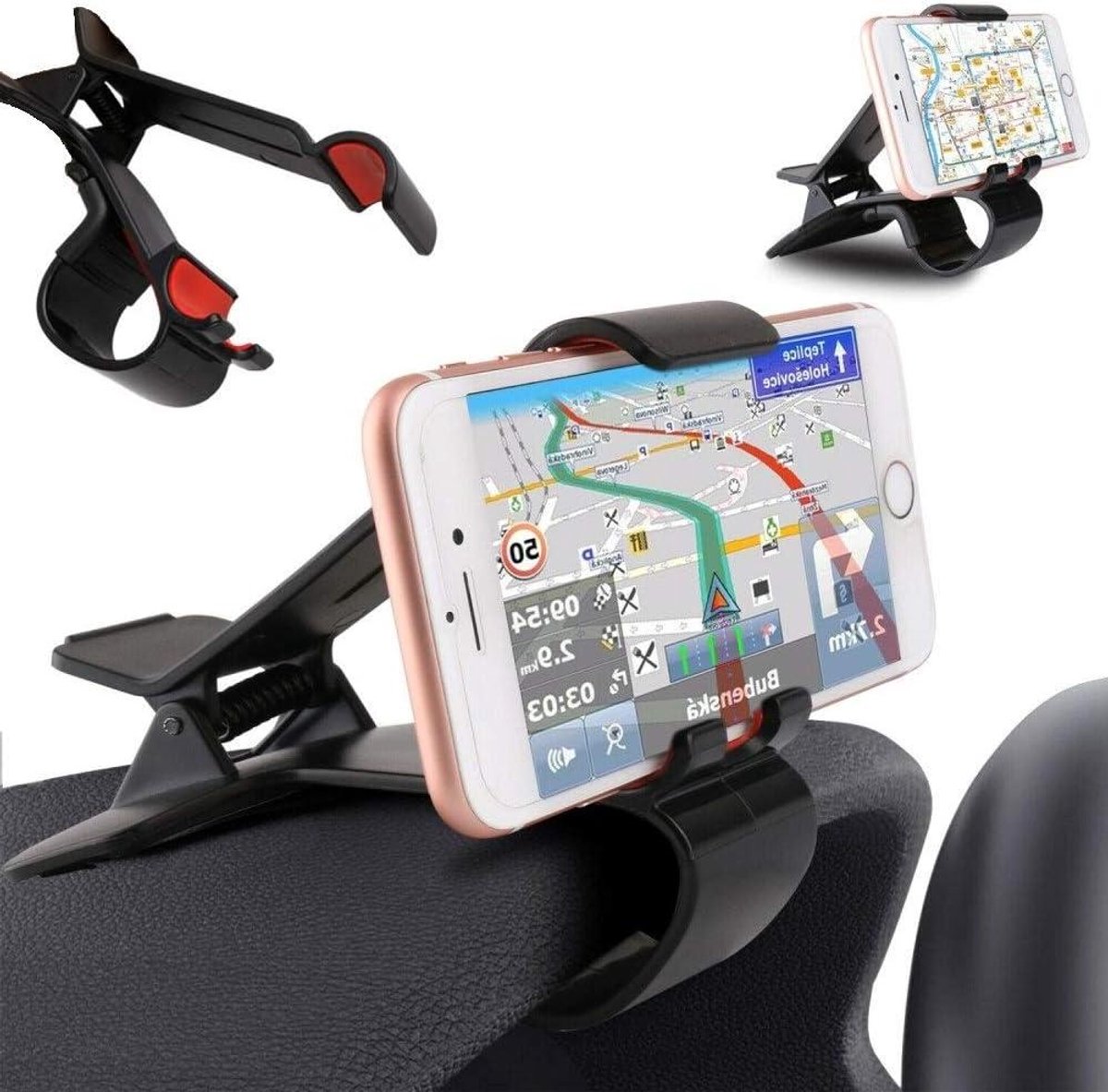 Telefoonhouder Auto - Dashboard Clip - Veilig Navigeren - Universele Pasvorm - Tot 13 cm - Zwart