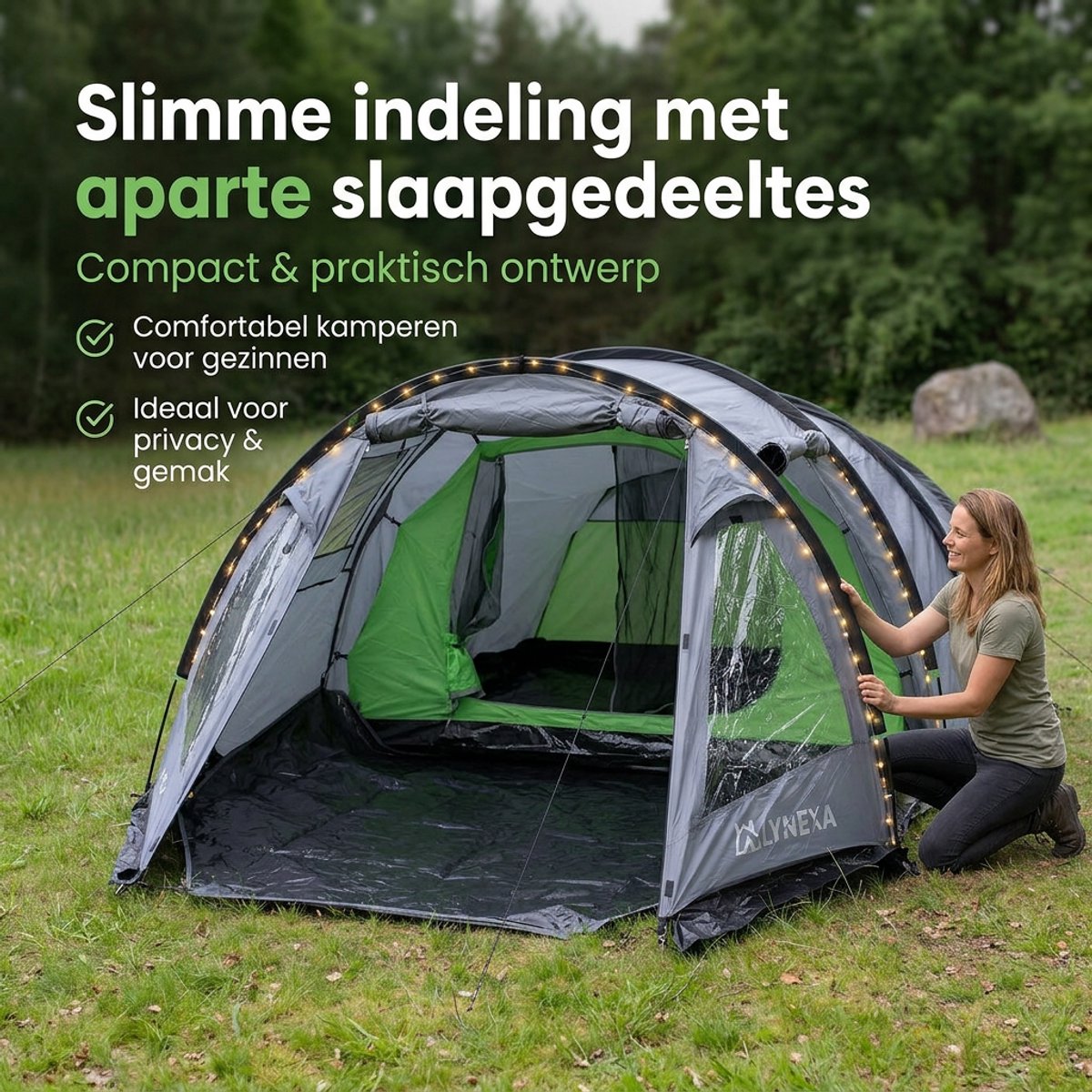 LYNEXA® Tent - Kampeertent - Tunneltent met 2 Compartimenten - Koepeltent - Familietent voor 2 tot 4 Personen - Waterdicht & Windbestendig - Camping tent - Panoramische Ramen & Ventilatie - Voor Camping & Outdoor - Inclusief Draagtas & Campinglamp – foto 2