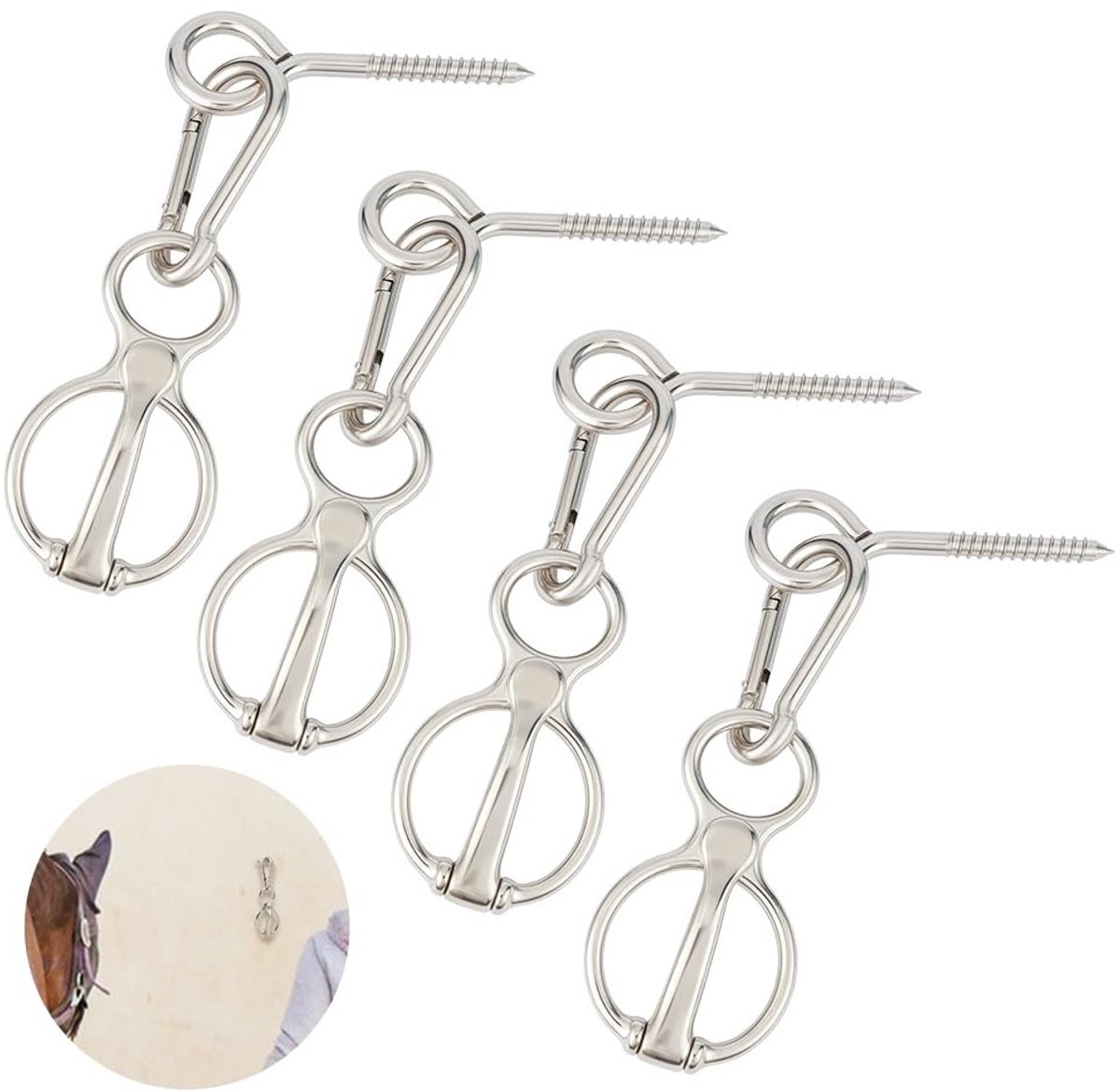 4 Sets Paard Fixeer Ringen van Platina Legering met Oogbout en Karabijnhaak voor Stallen en Accessoires voor Paardrijden