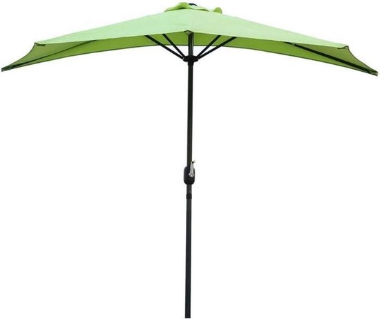 Halve ronde parasol in fruitgroen met zwart frame en handzwengel.