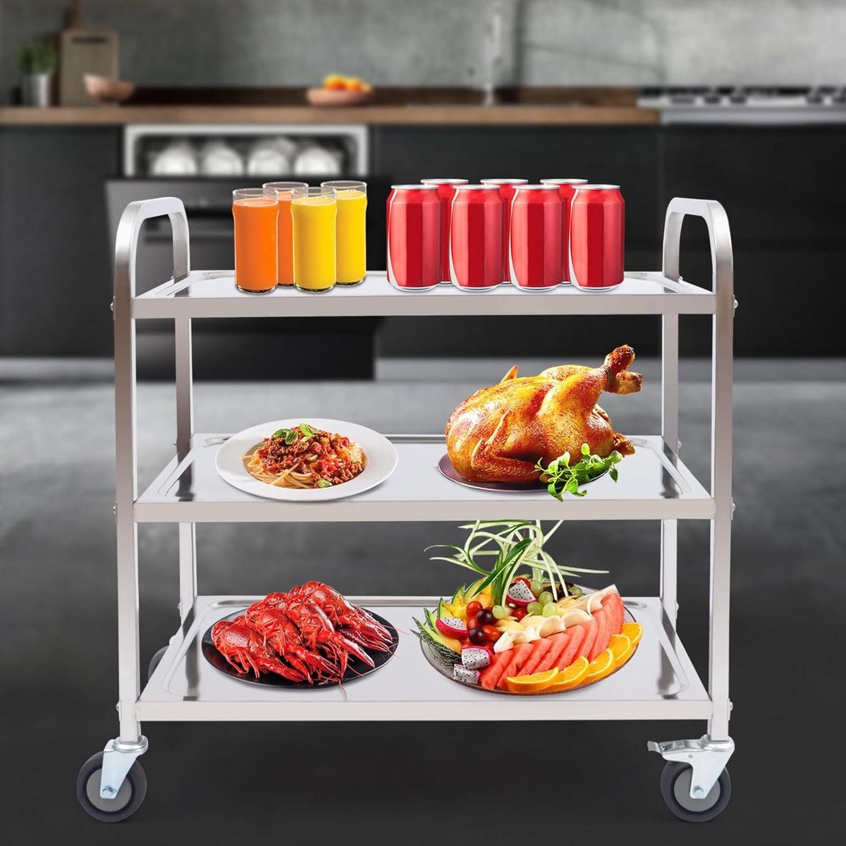 Serveertrolley - Keukenwagen - Opslag en Transport - Drie Etages - 75 cm - Zilver