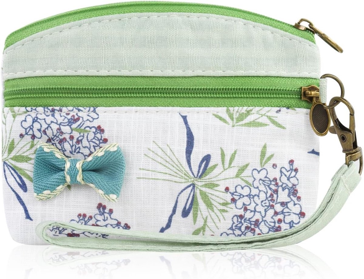 Vrouwelijke mini muntentas met 2 ritszakken, bloemenpatroon, katoen, ideaal voor kleingeld en munten, groen, trendy en praktisch