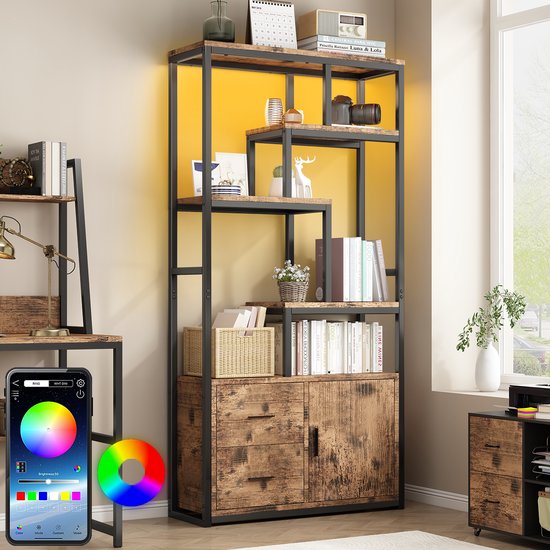 Boekenkast - Boekenrek - 80x30x174cm - Opbergkast - Wandkast - Vitrinekast - Stellingkast - Woonkamer Kast met LED Verlichting - 5 Niveaus, 3 Planken, 2 Lades & 1 Kastdeur - Industrieel Bruin Vintage & Zwart