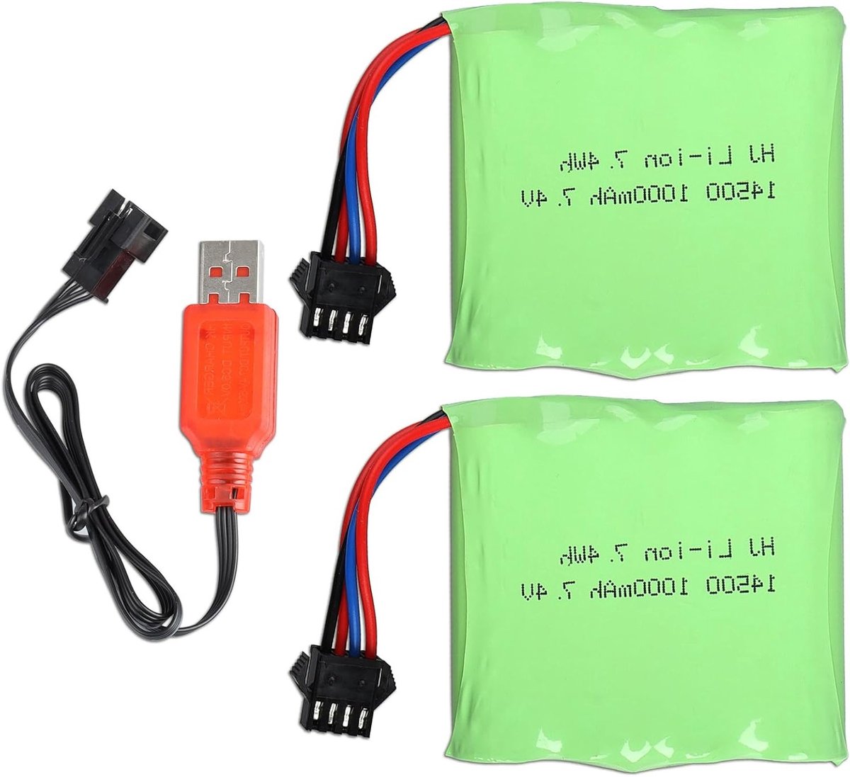 2 Stuks 7.4V 1000mAh 10C RC Accupack met SM-4P Stekker en USB Oplaadkabel voor RC Auto, Buggy en Boot