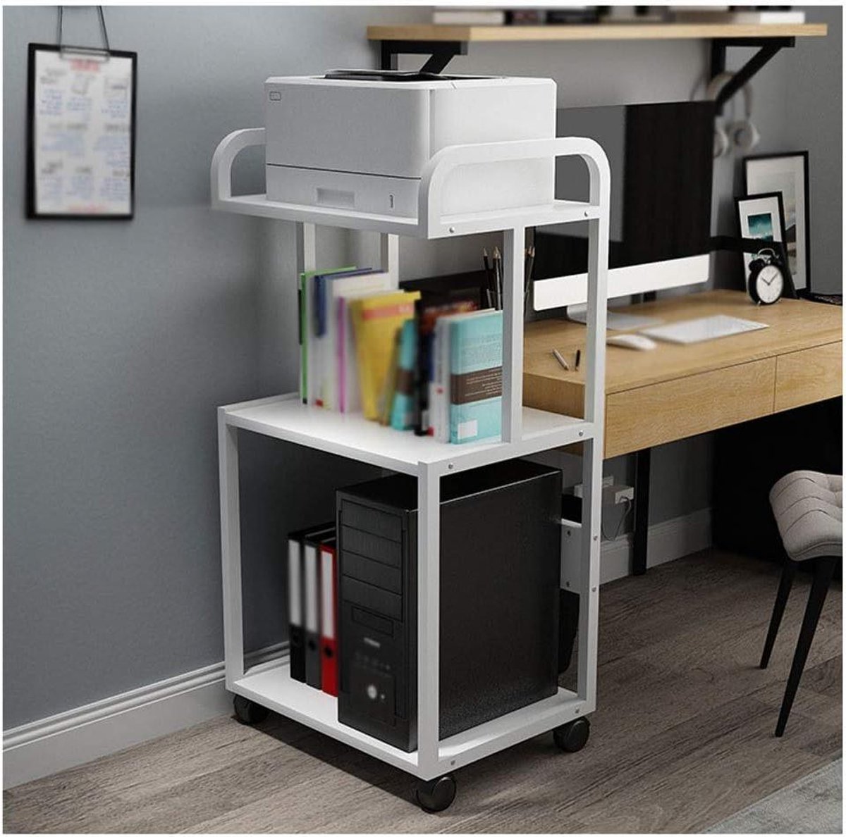 Printer Rek - Opbergmeubel - Kantoor Organiseren - Drie Laags Ontwerp - 37.7 Inch Hoog - Wit