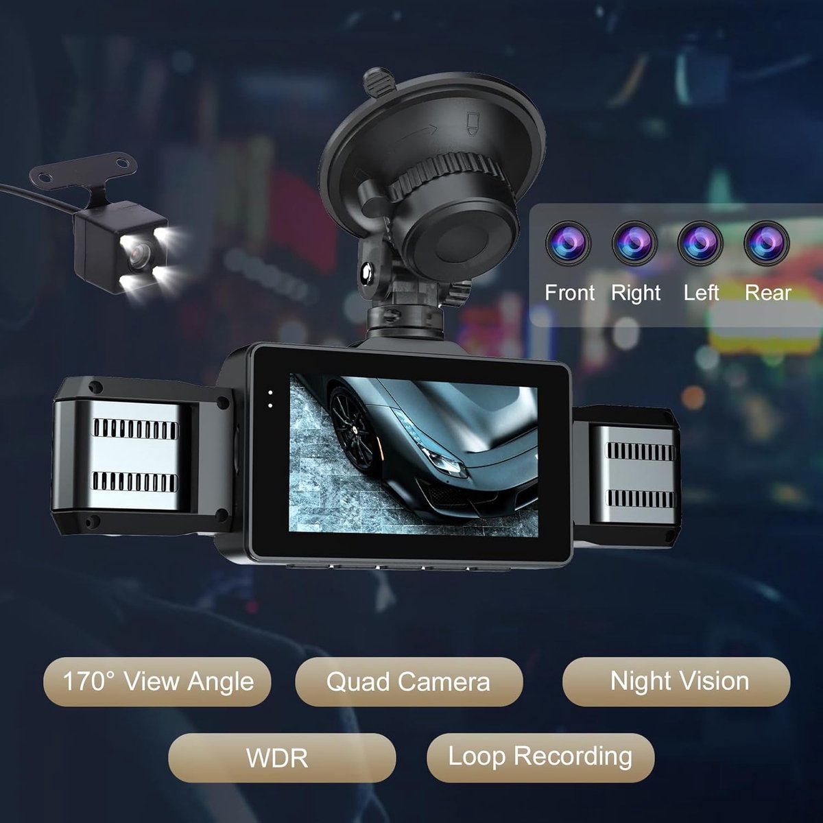 Auto Dashcam - 4 Kanaals Camera - Veilig Rijden - 360 Graden Zicht - 3 Inch Scherm - Zwart – foto 4