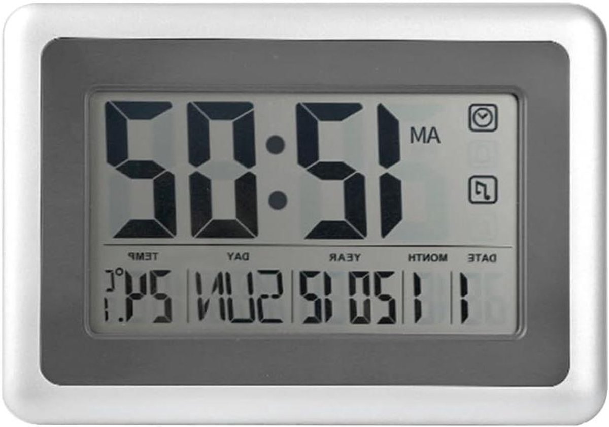 Digitale Klok - Wekker Kalender - Tijd Weergeven - Groot LCD Scherm - 23.5 cm - Zilver Zwart