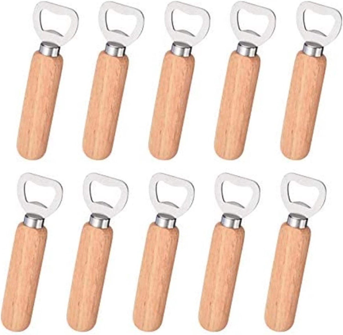 Flesopener Set - Bieropener Wijnopener - Drankjes Openen - Hout RVS - 10 Stuks - Zilver