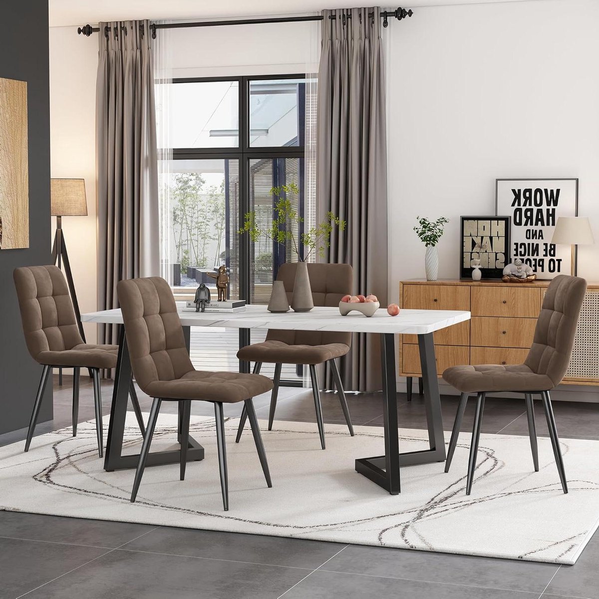 Eetgroep met stoelen - Keukentafelset - Gezellig dineren - Fluwelen stoelen marmerlook - 1