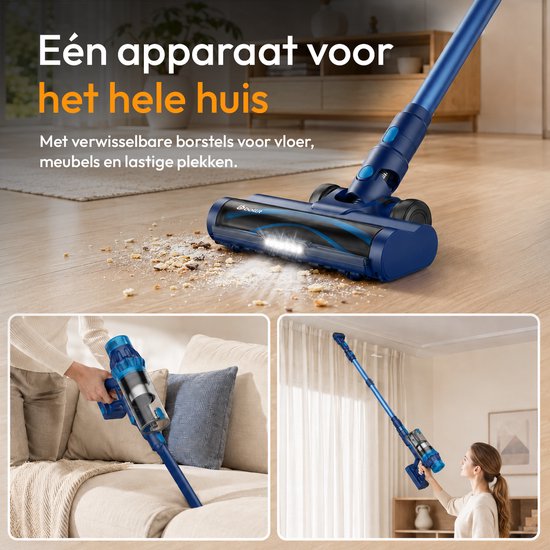 Blauwe steelstofzuiger met verwisselbare borstels voor vloer en meubels, ook te zien in gebruik op de bank en plafond.