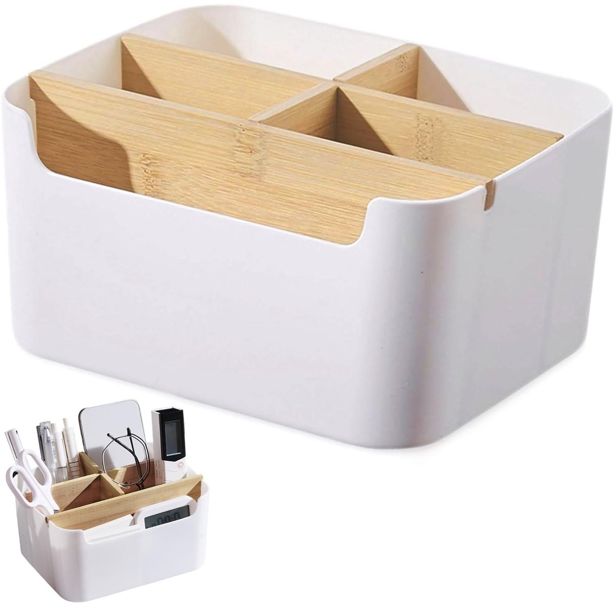 Dailygoods - Dailygoody - Bureau-organizer - Houten bureau-organizer - 5 vakken voor pennen en schrijfwaren - Wit - Afneembare penhouder - Ideaal voor kantoor en t..