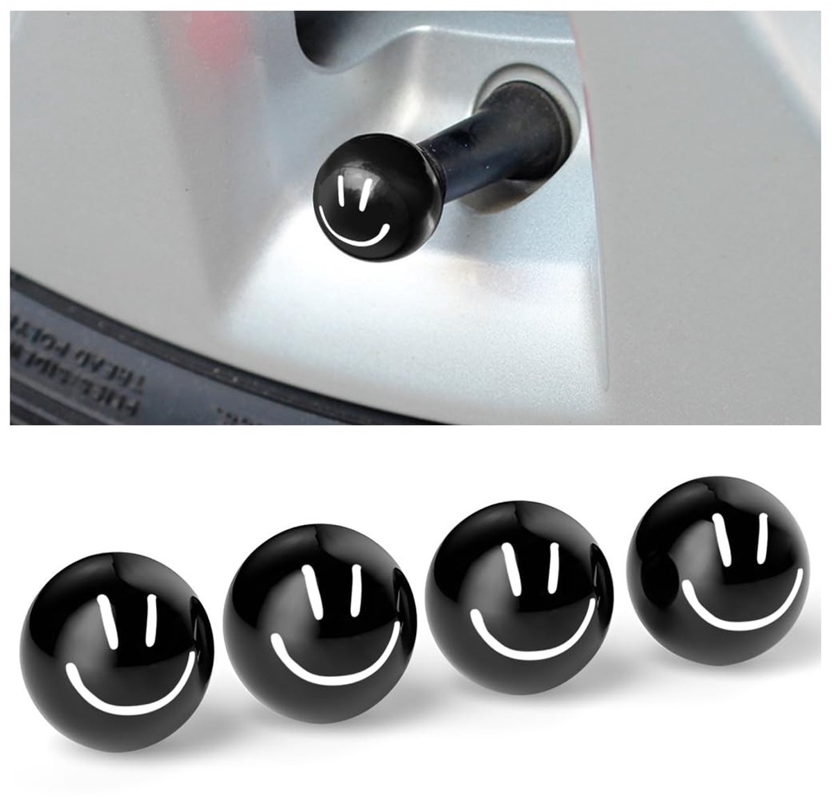 Dailygoods - Dailygoody - Ventieldoppen - Bandenaccessoires - Schattig en praktisch - Zwart - Smiley - Universeel - Geschikt voor motorfiets en elektrische fiets -..