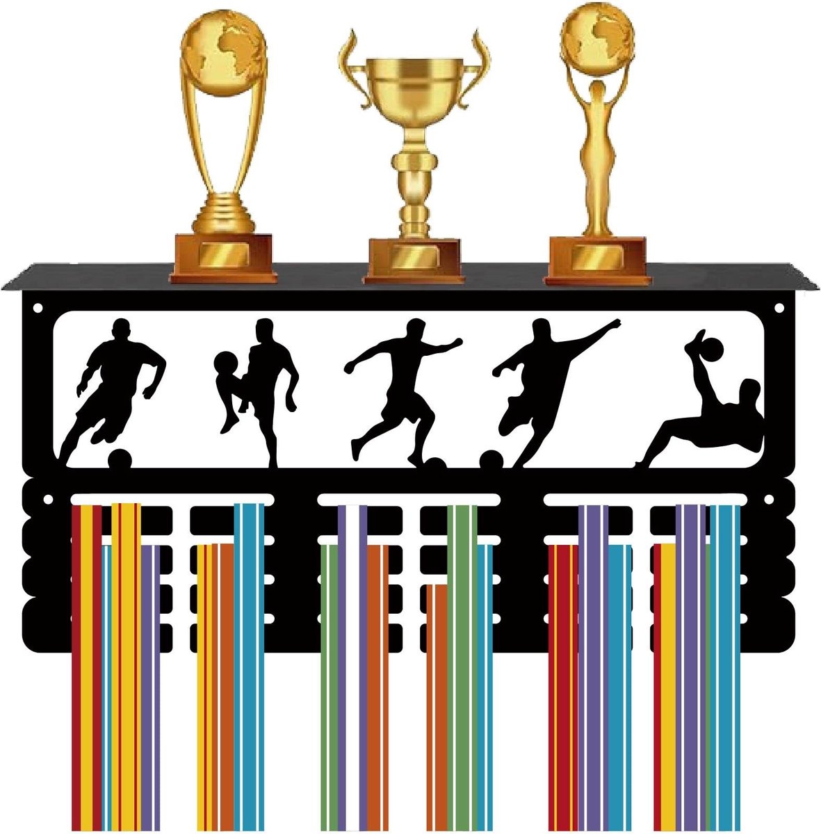 Dailygoods - Dailygoody - Voetbal Medaille Hanger - Medaille Houder - Met Plank Stand - Roestbestendig - IJzer - Medaille Rack - Geschikt voor 70+ Medailles