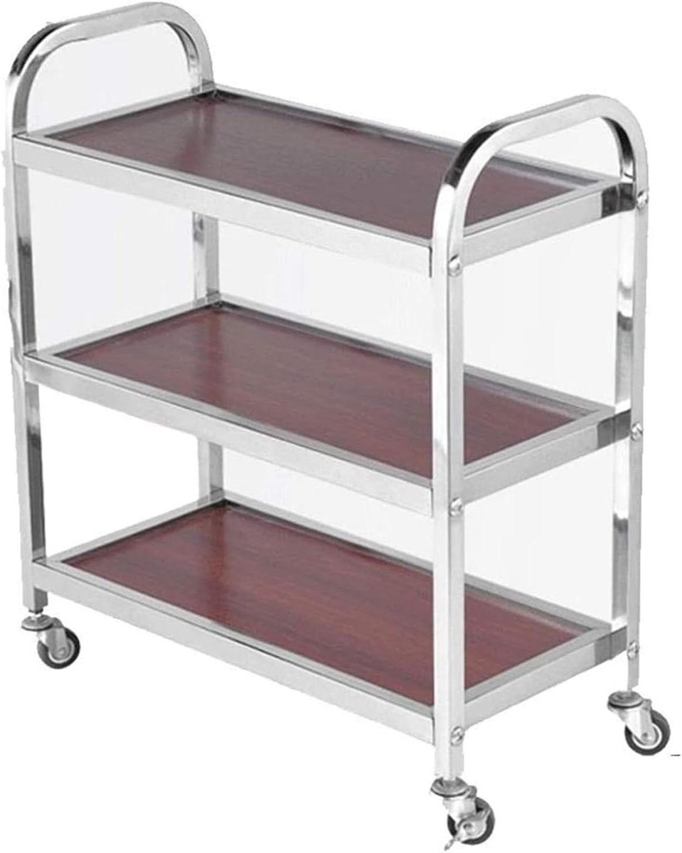 Serveerwagen - Dienbladkar - Keuken Opslag - Houten Tafelblad - 3 etages - Zilver
