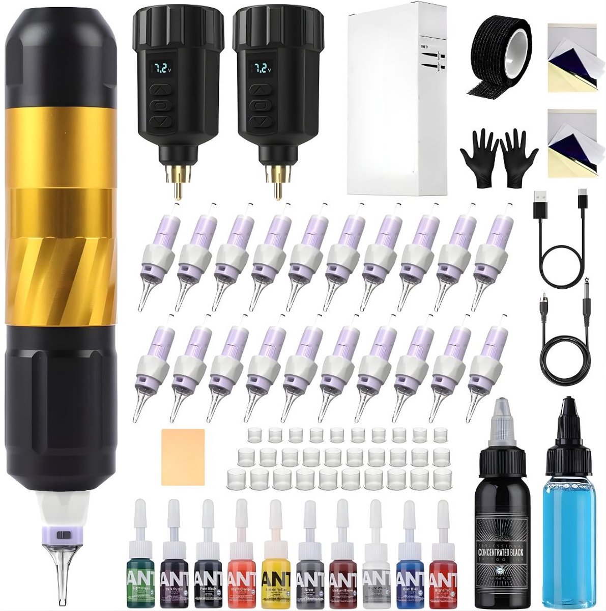 KAD® Tattoo Machines - Tattoo Set voor Beginners & Professionals - Professionele Tattoo Machine Pen Kit - Goud - 20cm x 15cm x 15cm
