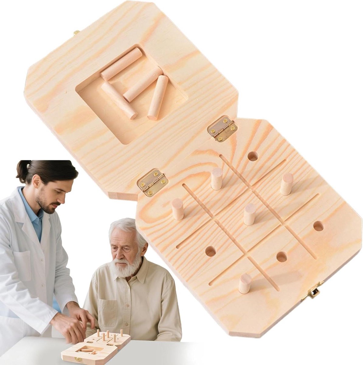 Houten Pennenbord Speelbord - Fijne Motoriek Trainer - Handvaardigheid Trainen - 9-Gaten Ontwerp - 17x17x4 cm - Natuurlijk Hout