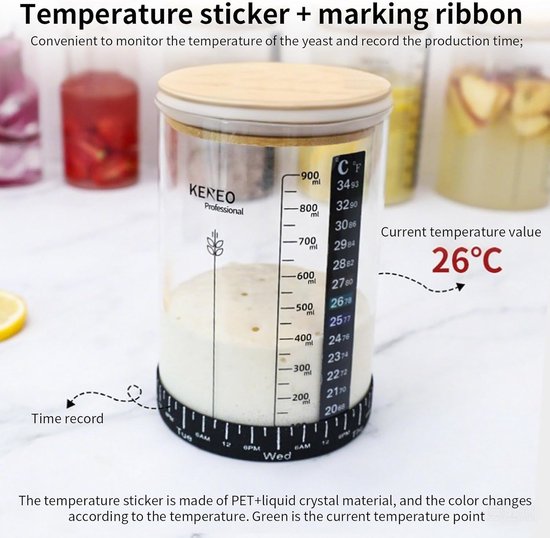 Fermentatie Pot - Yoghurt Starter - Brood Bakken - Met Thermometer - 900 ml - Natuurlijk — afbeelding 4