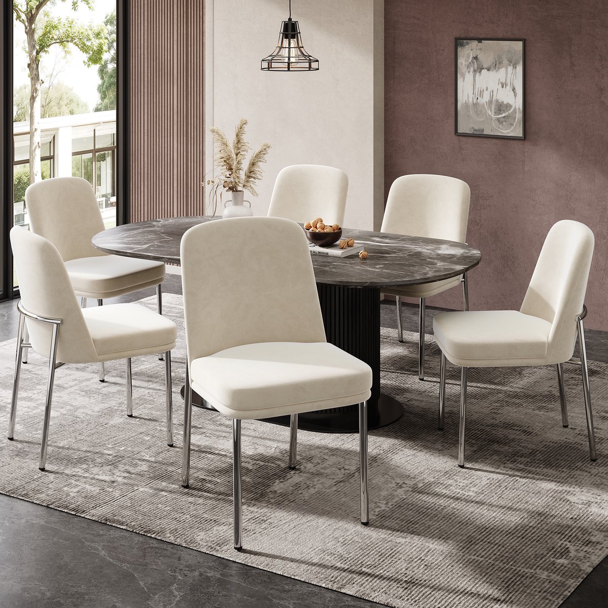 MODENUIT Eetkamerstoel - 42,5 x 53 x 82 cm - Set Van 6 Met Dikke Zitting En Metalen Poten - Fluweel Beige