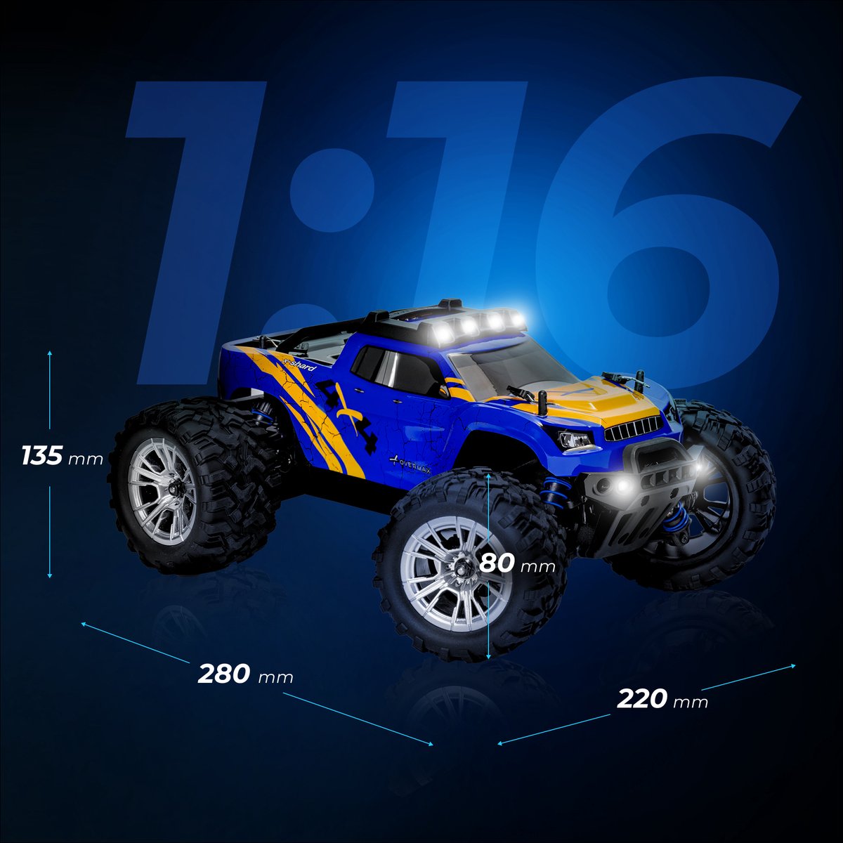 Overmax X-Shard RC auto / RC car Monster Truck 4x4 – metalen aandrijving – tot 30 km/u – LED verlichting – off-road – IPX4 – bereik 90 m – 1:16 – RTR set – 20 min rijtijd – onafhankelijke vering – vanaf 8 jaar - Bestuurbare Auto — afbeelding 6
