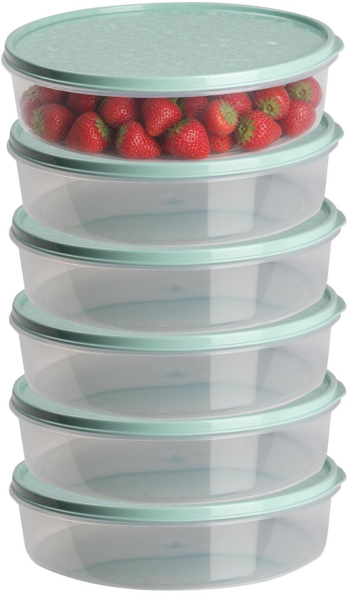 Plasticforte vershoudbakje rond - 6x stuks - 2 liter - herbruikbaar - transparant/groen - kunststof - magnetron - vriezer