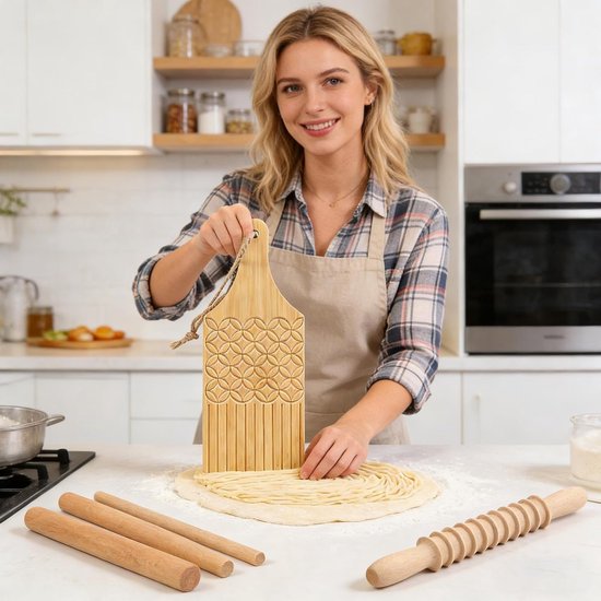 Pastamaker Set - Deegroller Stempel - Verse Pasta Maken - Ergonomische Handgreep - 7 Stuks - Houtkleurig van Pastamaker — afbeelding 4