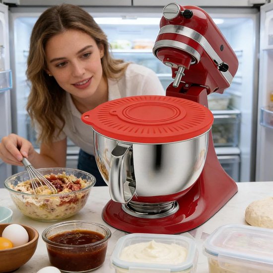 Mixer Spatdeksel - Keuken Accessoire - Schoon Bakken - Morsvrij Mengen - Diameter 23.4 cm - Rood — afbeelding 5