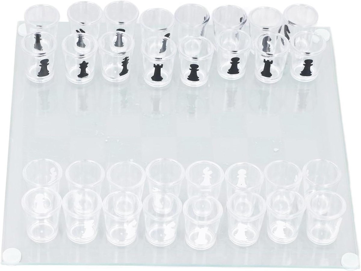 Glazen Schaakspel - Drinkspel Set - Feestelijke Avonden - Unieke Twist - 22.5 x 22.5 cm - Transparant