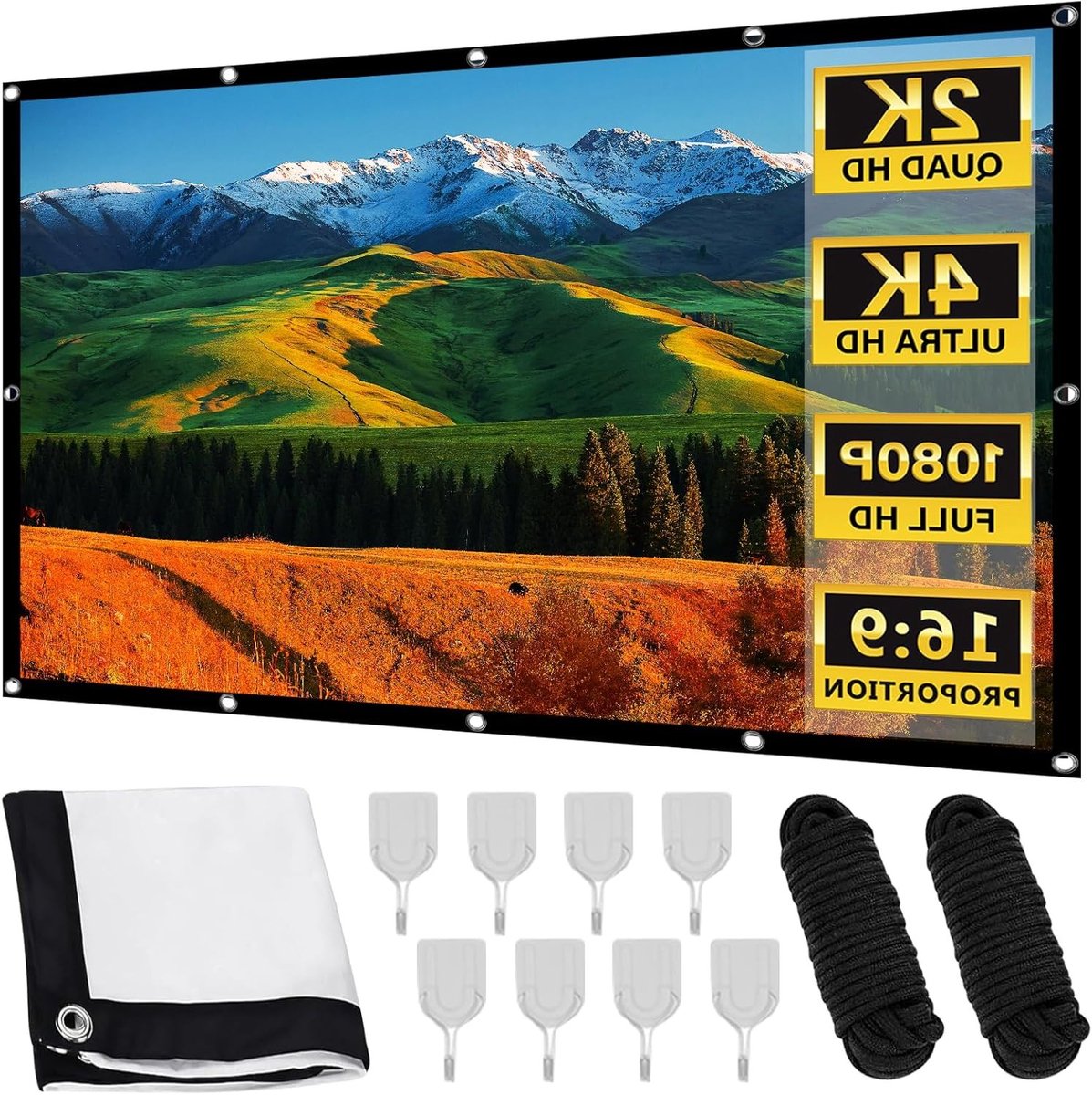 Grote 100 Inch Projectiescherm: 16:9 HD 4K Vouwbaar en Wasbaar Doek voor Thuis, Kantoor en Buitenactiviteiten met Ophanghaken en Touwen
