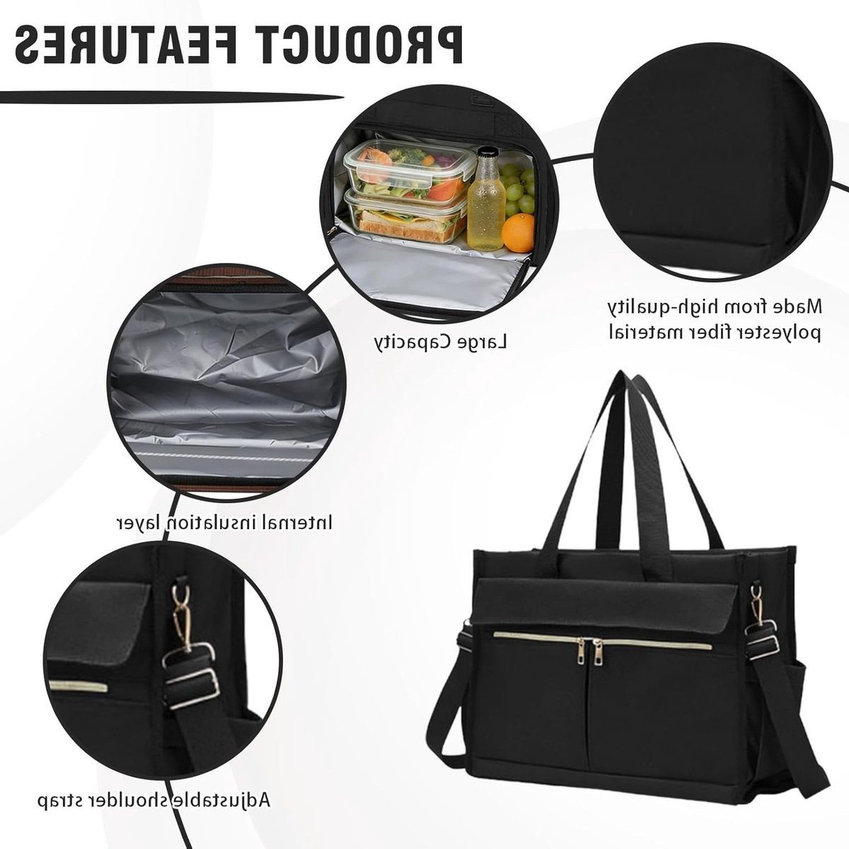 Dames lunchtas 2-in-1, grote laptoptas 15,6 inch met geïsoleerd lunchvak, waterdicht en multifunctioneel voor kantoor, school en businessgebruik (zwart)