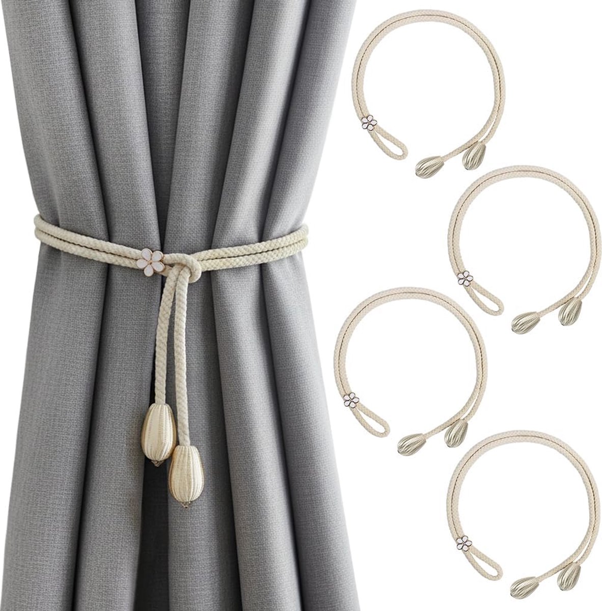 Set van 4 handgeweven gordijnbanden, elegante bohemian stijl, verstelbare gespen, geschikt voor thuis, kantoor, woonkamer, slaapkamer, balkon, studeerkamer - (beige)