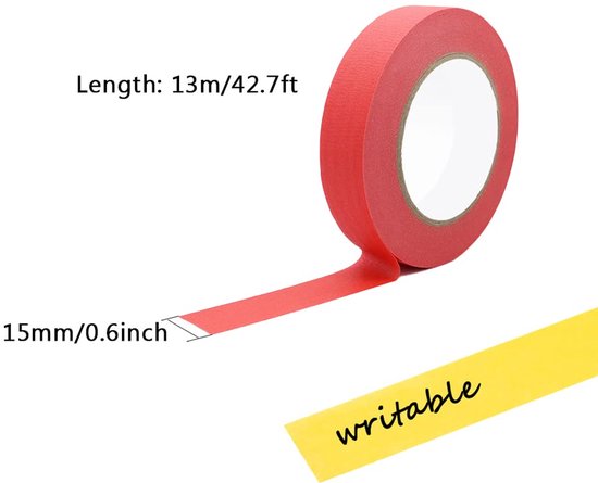 Rode schilderstape, met afmetingen en gele tape met het woord 'writable'.
