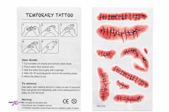 Instructieblad en stickervel met realistische neplittekens voor tijdelijke tatoeages.