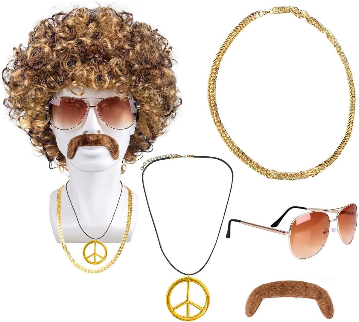 Hip Hop Kostuum Set voor Carnaval en Themafeesten - 6 Delige Set met Dollar Ketting, Gouden Ketting, Dollar Ring, Vissershoed en Zonnebril