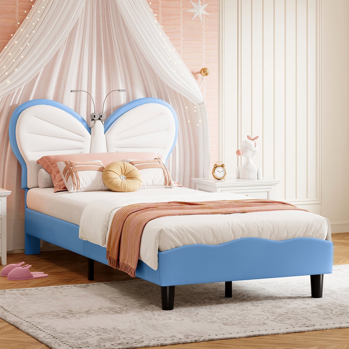 Kinderbed 90x190 cm Wit-Blauw – Fluwelen Vlinder Bed met LED Leeslampen, Verstelbaar Hoofd