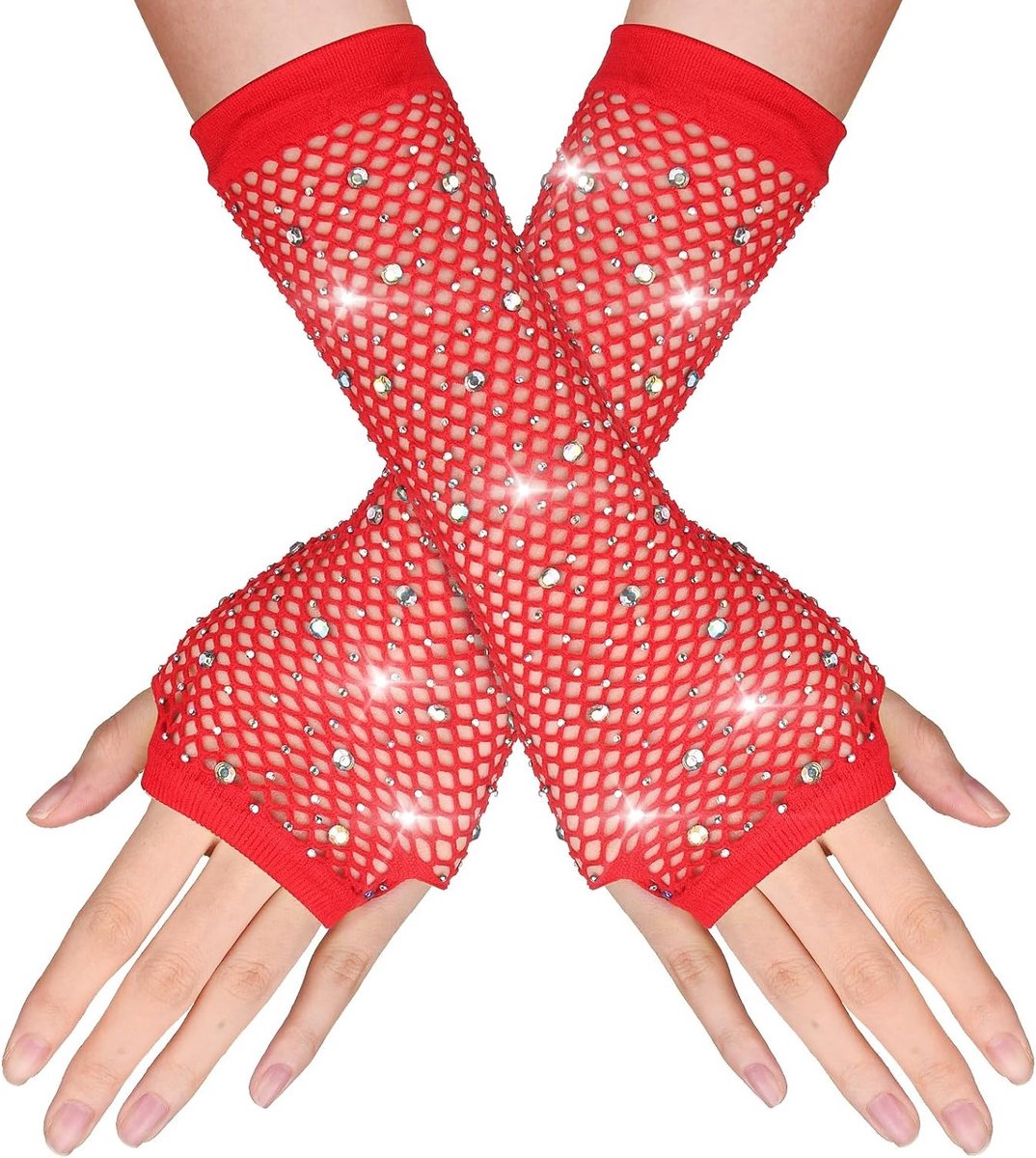 Rode Vingerloze Fishnet Handschoenen met Rhinestones voor Steampunk en Punk Kostuums, Perfect voor Halloween en Feestjes, Maat S/M
