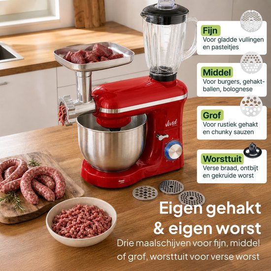 Keukenmachine multifunctioneel 2000W - Keukenrobot - Foodprocessor - Keukenmixer met RVS Mengkom - Incl. 15 Accessoires - Incl. Gehaktmolen en Blender 6.2L - Rood - Vivid Green van Vivid Green — afbeelding 3