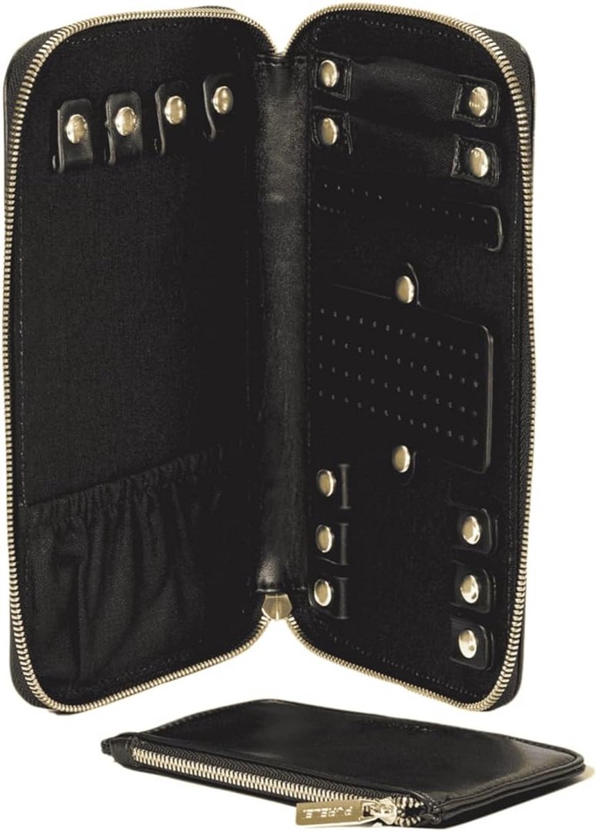 Reisetui voor sieraden inclusief tasje - opbergcase voor kettingen, ringen, oorbellen en armbanden - PU eco-leer - 12 x 21 cm (zwart)